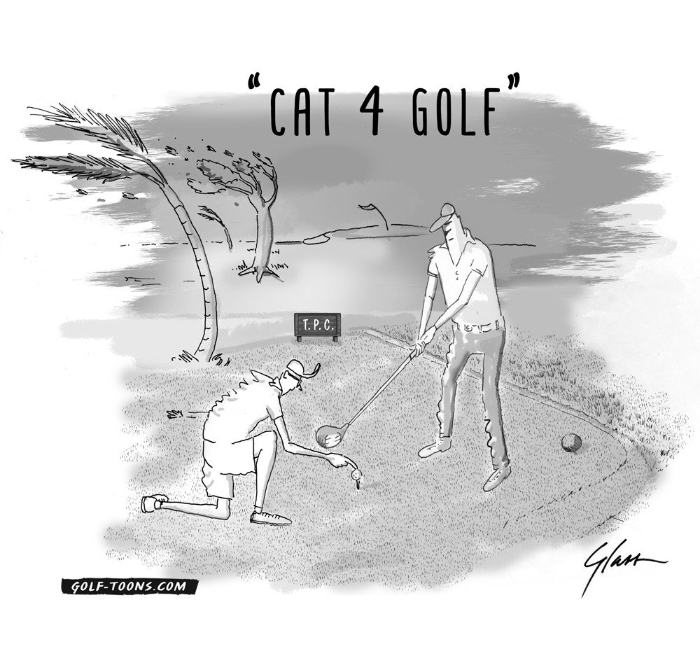 Hurricane Golf shows a golfer teeing off in a strong wind with his golf buddy holding the ball also known as Cat 4 Golf an original golf cartoon by Marty Glass of GolfToons