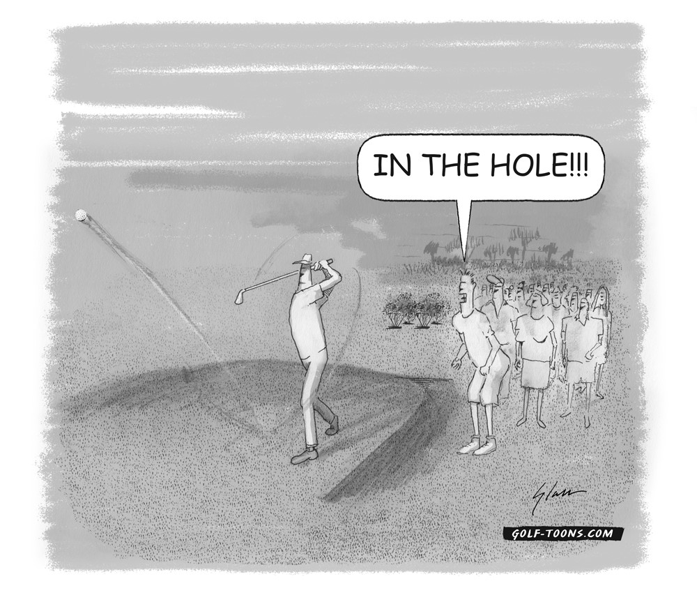 Fan in the gallery beside the tee box yelling IN THE HOLE as the professional golfer tees off, an original golf cartoon illustration by Marty Glass of GolfToons.