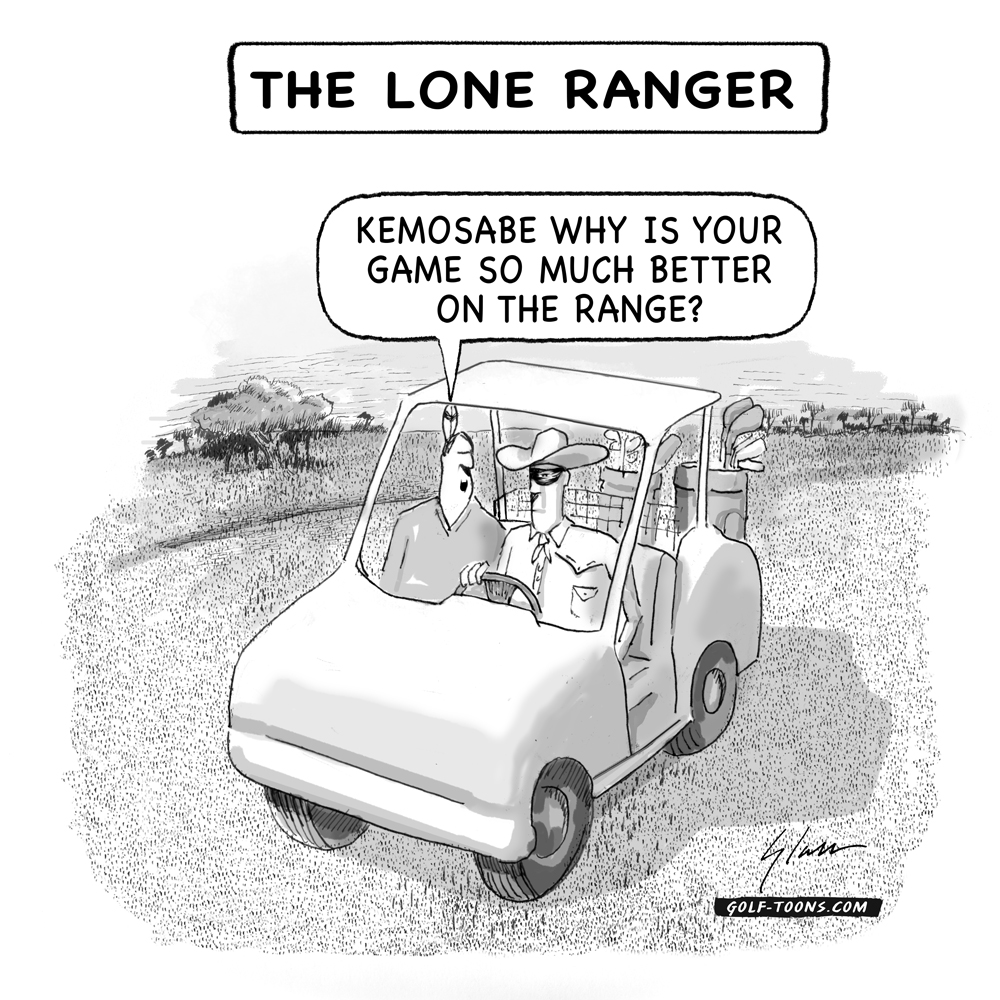 Lone Ranger and Tonto in Golf cart with Tonto asking the Lone Ranger about the Driving Range, an original golf cartoon by Marty Glass of GolfToons.